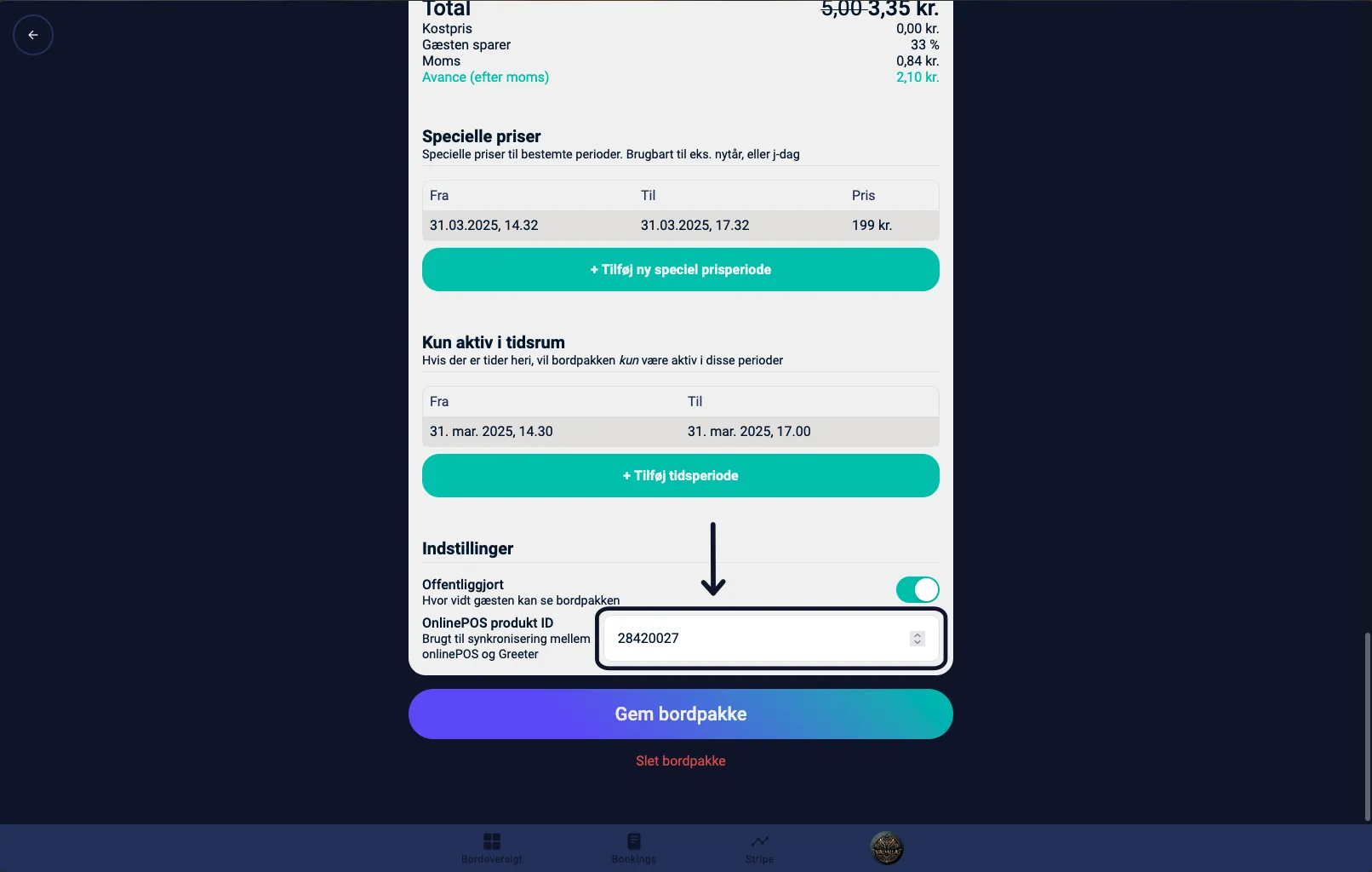 Indsæt onlinePOS produkt IDet på bordpakken